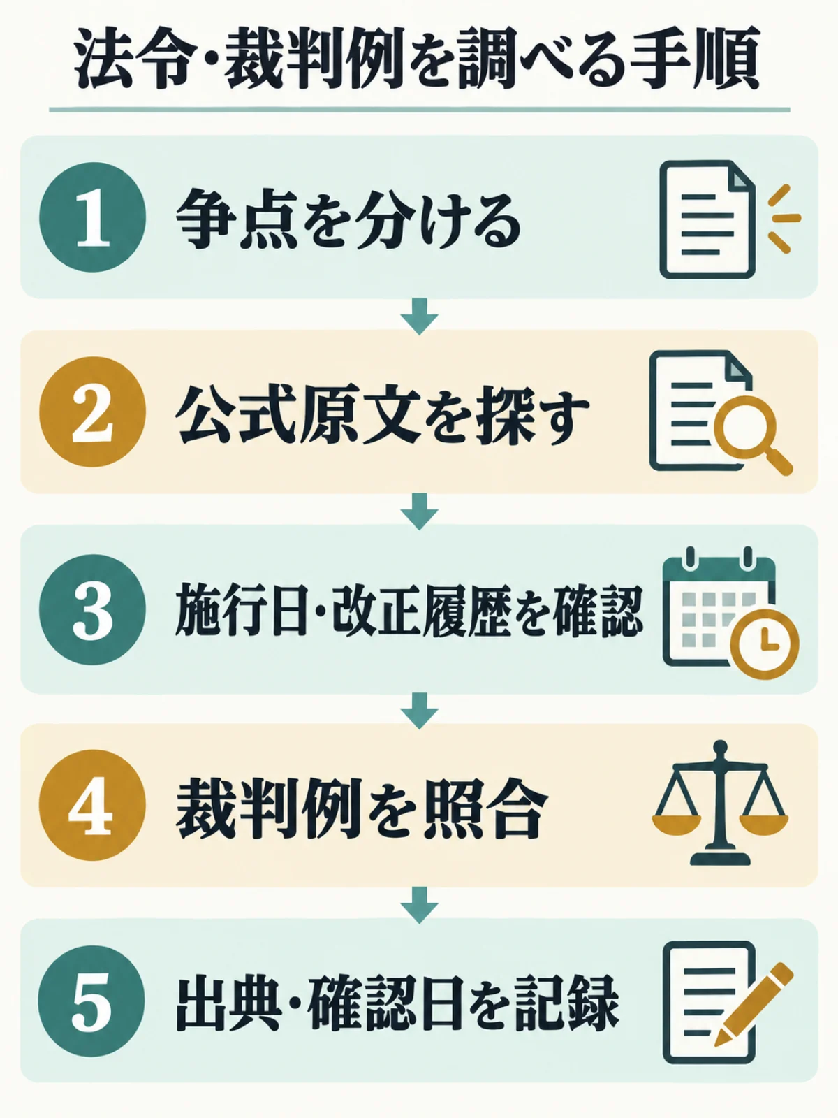 法令・裁判例の調査手順を示す5段階の図：争点、公式原文、施行日と改正履歴、裁判例、出典と確認日。