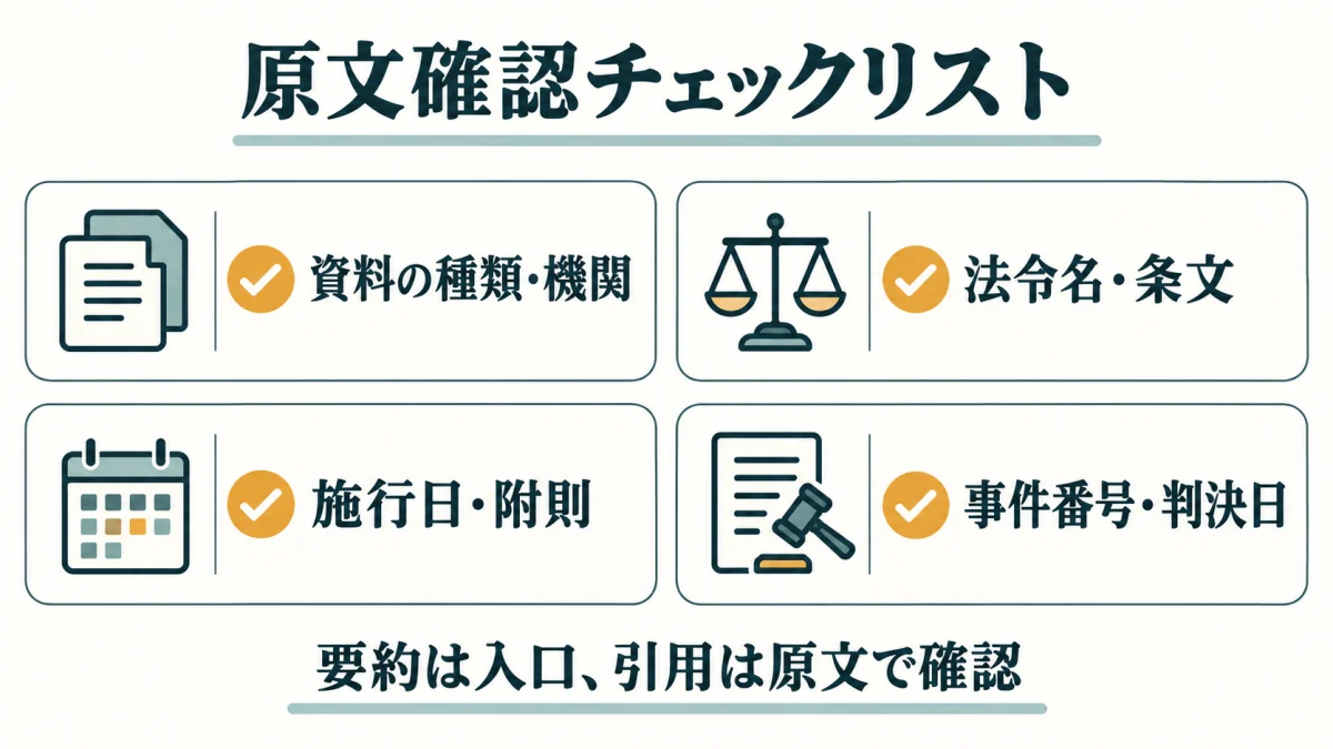 原文確認のチェックリスト：資料の種類と機関、法令名と条文、施行日と附則、事件番号と判決日。