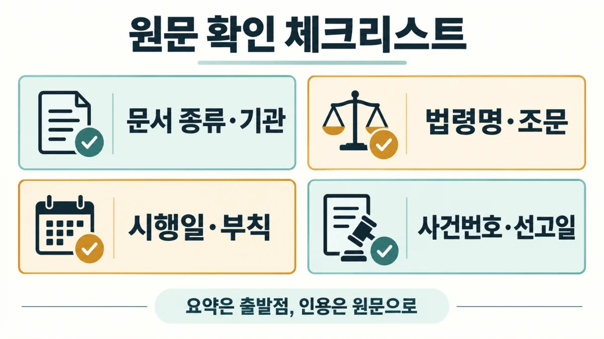 법령·판례 원문 확인 체크리스트: 문서 종류와 기관, 법령명과 조문, 시행일과 부칙, 사건번호와 선고일.