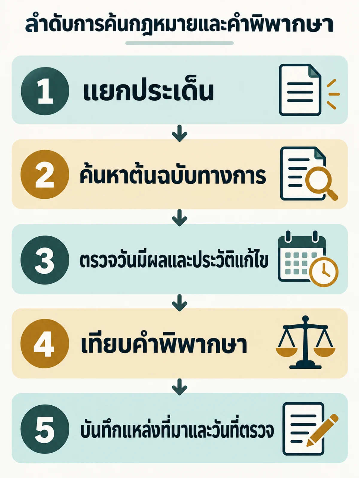 แผนภาพ 5 ขั้นตอนค้นกฎหมายและคำพิพากษา: แยกประเด็น ค้นต้นฉบับทางการ ตรวจวันมีผล เทียบคำพิพากษา และบันทึกแหล่งข้อมูล